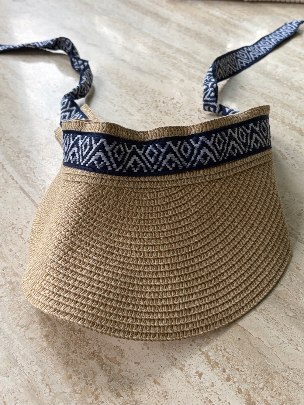 Sea & Grass Woven Straw Visor with Navy Patterned Band